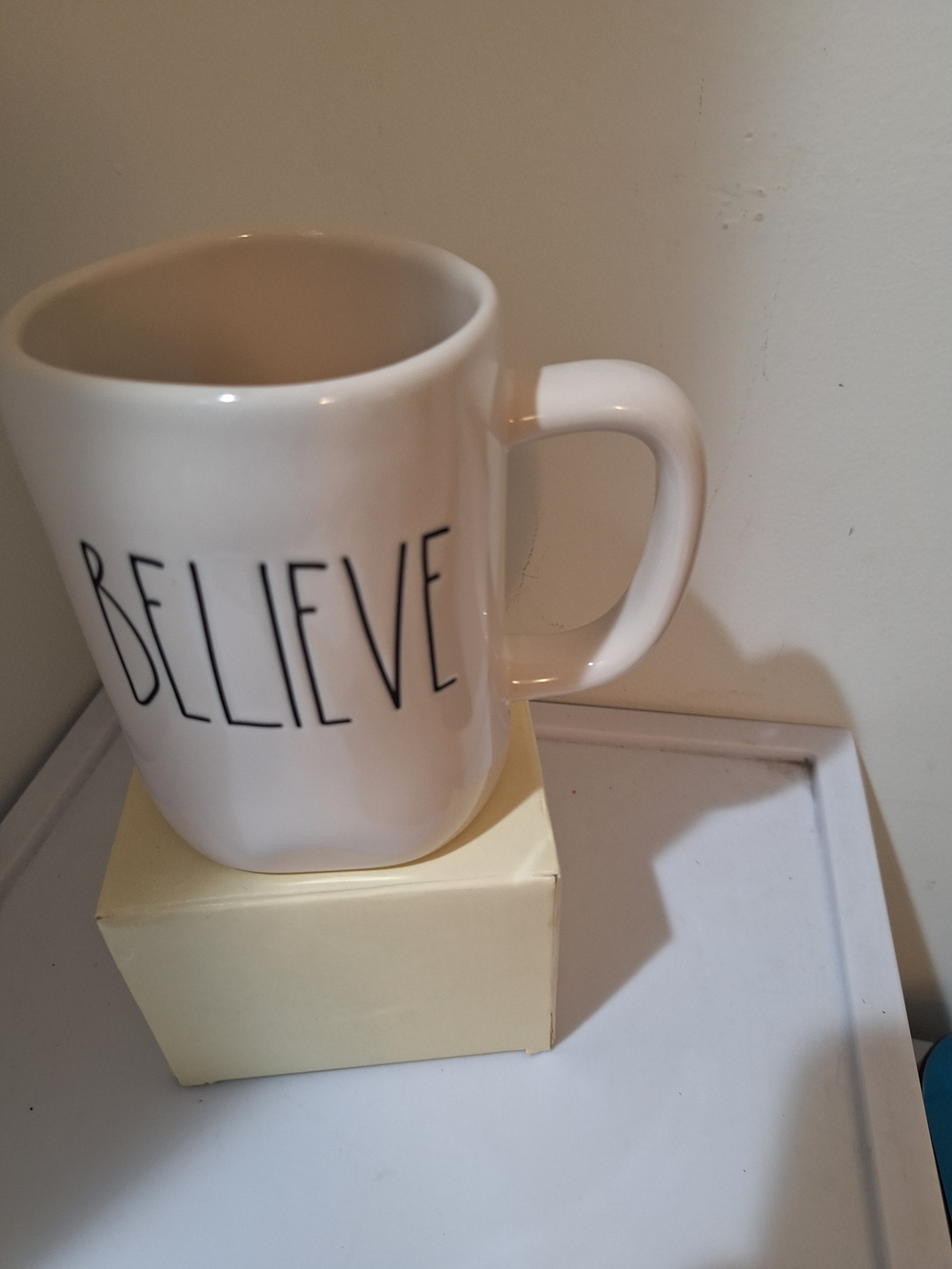 Rae Dunn White Mug with "BELIEVE" Black Lettering